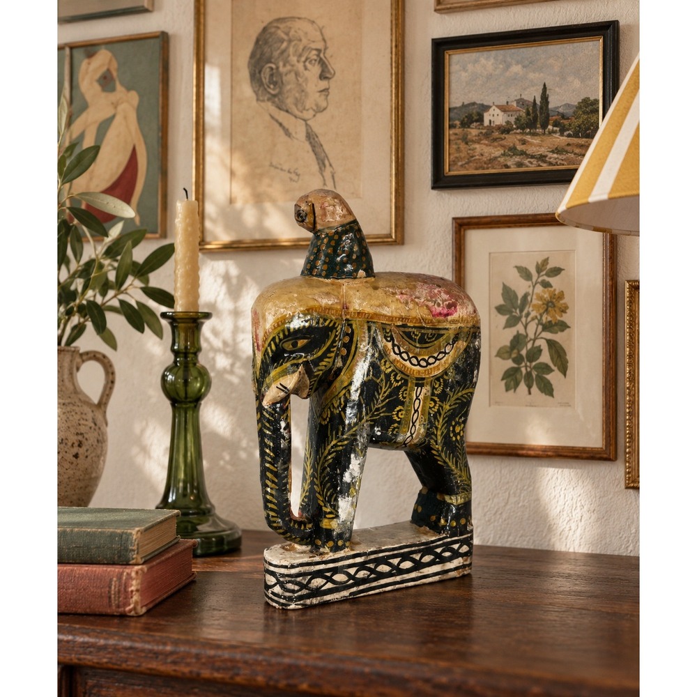 Vintage Painted Papier Mache Elephant Figurine, Eclectic Folk Art Decor